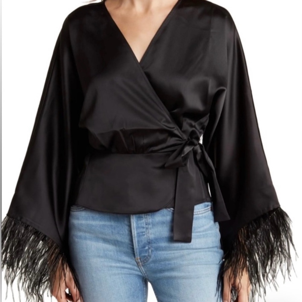 NWOT WayF Silk Black Wrap Top with Feather Trim